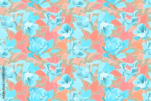 Vector floral pattern. Seamless flower background. Blue roses, pink, orange and blue leaves isolated on a beige background.