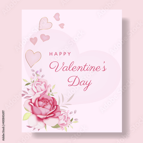 Romantic  happy valentine's day card background with hearts and flowers premium Vector  © MARIANURINCE