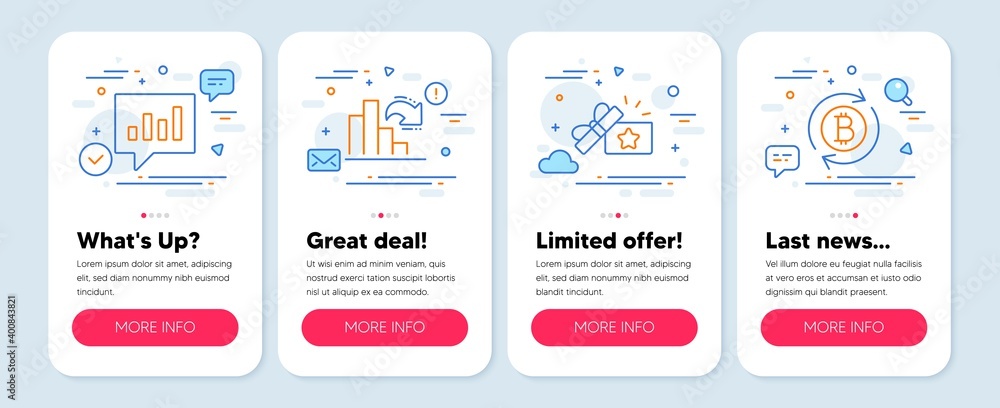 Set of Finance icons, such as Decreasing graph, Loyalty gift, Analytical chat symbols. Mobile screen banners. Refresh bitcoin line icons. Column chart, Bonus award, Communication speech bubble. Vector