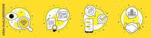 Web report, 5g wifi and Recovery tool line icons set. Licence, cell phone and deal vector icons. Hospital building sign. Graph chart, Wireless internet, Backup info. Medical help. Science set. Vector