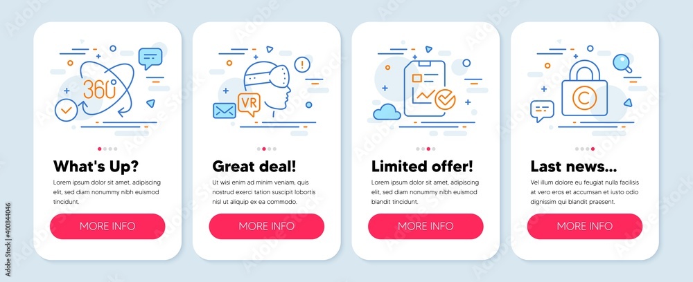 Set of Business icons, such as Report checklist, Full rotation, Augmented reality symbols. Mobile screen app banners. Copyright locker line icons. Vector Set of Business icons, such as Report checklist, Full rotation, Augmented reality symbols. Mobile screen app banners. Copyright locker line icons. Vector