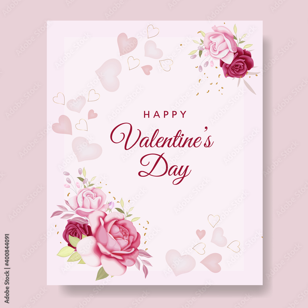 Romantic  happy valentine's day card background with hearts and flowers premium Vector
