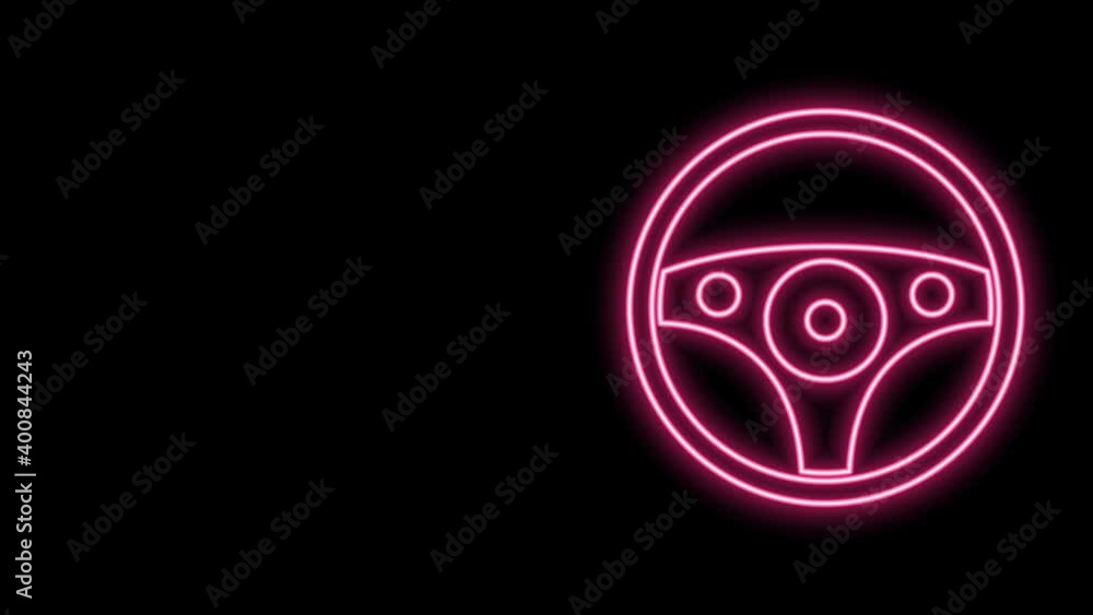 Glowing neon line Steering wheel icon isolated on black background. Car wheel icon. 4K Video motion graphic animation Glowing neon line Steering wheel icon isolated on black background. Car wheel icon. 4K Video motion graphic animation