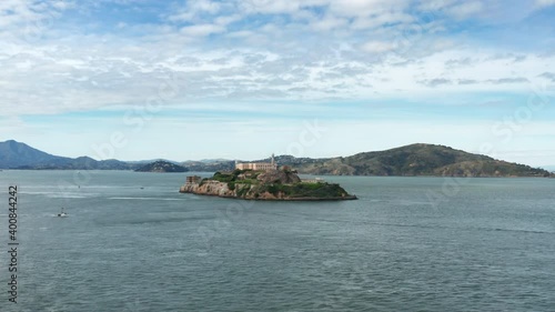 San Francisco, USA. Aerial footage of the Alcatraz island around San Francisco. Iconic tourist attraction surrounded by the water. High quality 4k footage