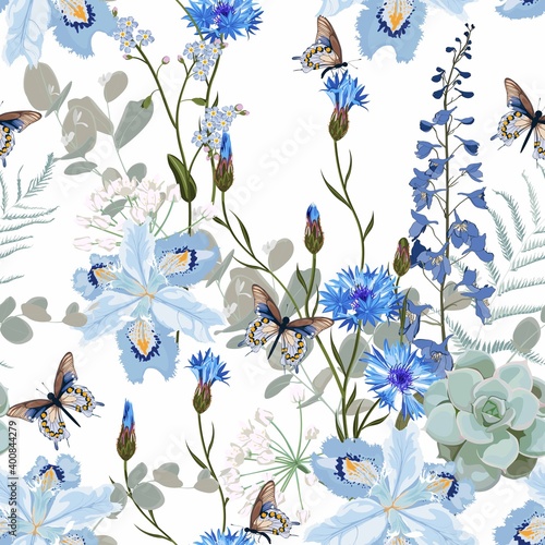 Tropical blue flowers and leaves, light background. Seamless pattern. Jungle foliage illustration. Exotic plants. Summer beach floral design. Paradise nature.