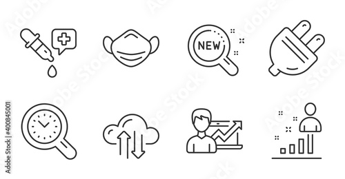 New products, Stats and Medical mask line icons set. Electric plug, Cloud sync and Chemistry pipette signs. Success business, Time management symbols. Search, Business analysis, Respirator. Vector