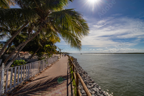 Tropical scenery in coastal city (Mangue Seco - Bahia - Brazil) with walkway, coconut trees, river and sunlight