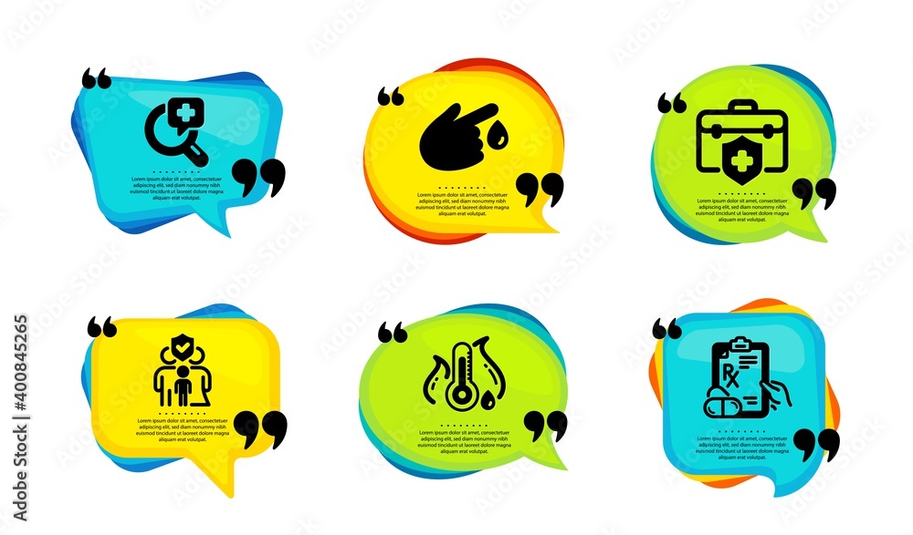 Family insurance, Medical insurance and Medical analyzes icons simple set. Speech bubble with quotes. Fever temperature, Blood donation and Prescription drugs signs. Vector