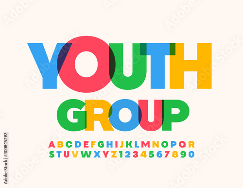 Vector creative banner Youth Group. Colorful artistic Font. Bright Alphabet Letters and Numbers set