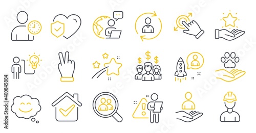 Set of People icons, such as Foreman, Search employees, Smile chat symbols. Loyalty program, Victory hand, Pets care signs. Salary employees, Recruitment, Person info. Touchscreen gesture. Vector