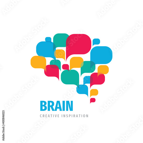 Vector logo brain creative inspiration design. Intellect mind sign. Speech bubbles. Brainstorm communication. 