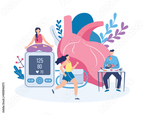 Medical poster with giant heart and healthy cartoon people