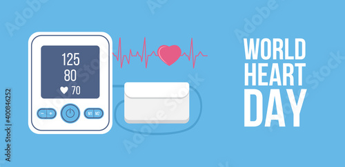 World Heart Day banner with device for measuring pressure vector illustration.