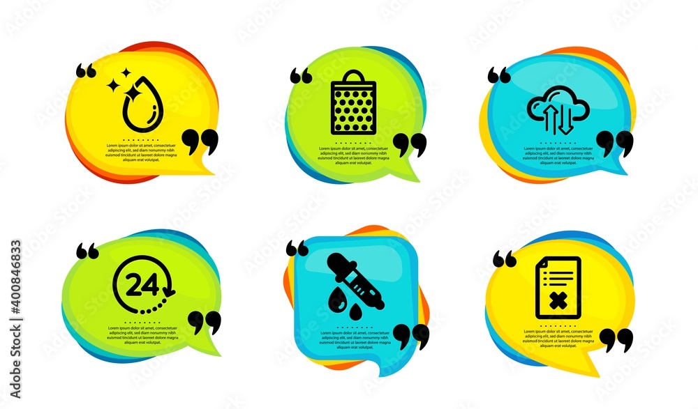 Shopping bag, Water drop and 24 hours icons simple set. Speech bubble with quotes. Chemistry pipette, Cloud sync and Reject file signs. Paper package, Crystal aqua, Time. Quote speech bubble. Vector