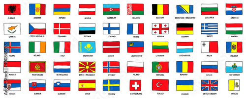 European Hand Drawn Flags sketch style vector doodle illustration