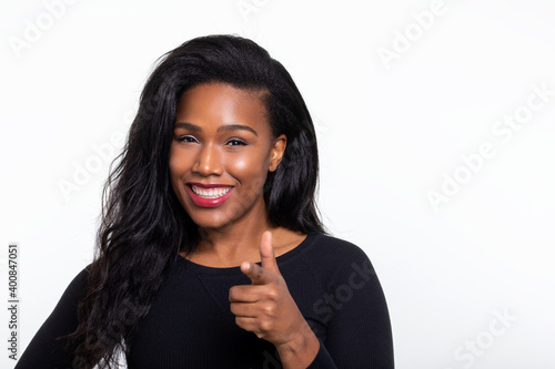 African-American woman with a big smile choosing you as the one 0319