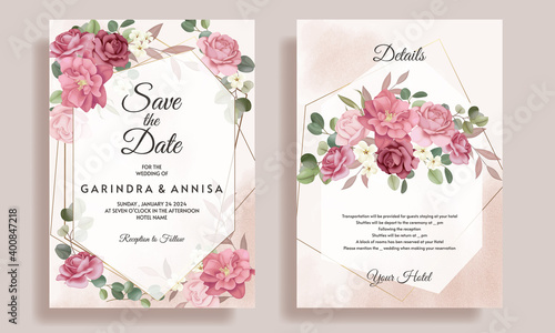  Beautiful floral frame wedding invitation card template Premium Vector

