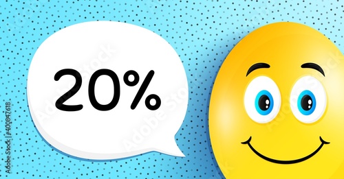 20 percent off Sale. Easter egg with smile face. Discount offer price sign. Special offer symbol. Easter smile character. Discount speech bubble. Yellow egg background. Vector