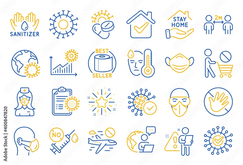 Fototapeta premium Coronavirus line icons. Medical mask, washing hands hygiene, protective glasses. Stay home, hands sanitizer, coronavirus epidemic mask icons. Covid-19 virus pandemic, no vaccine, toilet paper. Vector