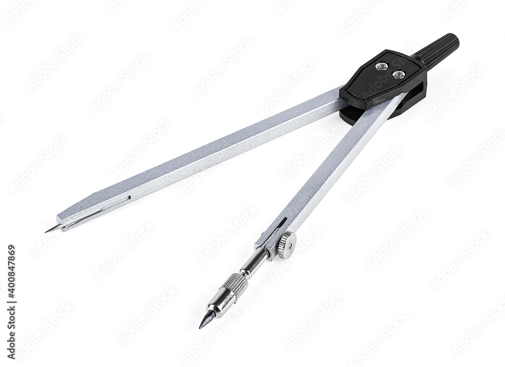 Metal compasses for drawing, isolated on a white background. Carpenter's compass, hand delimiter, draftsman instrument. Metal compasses for drawing, isolated on a white background. Carpenter's compass, hand delimiter, draftsman instrument.