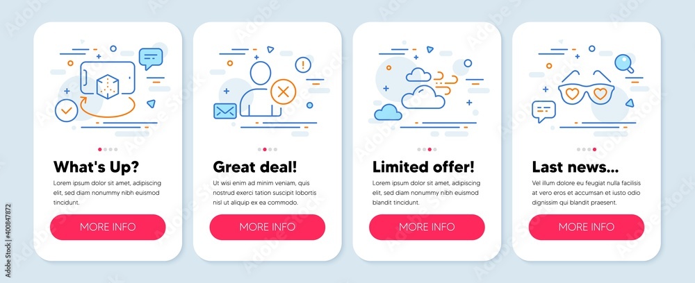 Set of Business icons, such as Augmented reality, Delete user, Windy weather symbols. Mobile screen mockup banners. Love glasses line icons. Phone simulation, Remove profile, Cloud wind. Vector Set of Business icons, such as Augmented reality, Delete user, Windy weather symbols. Mobile screen mockup banners. Love glasses line icons. Phone simulation, Remove profile, Cloud wind. Vector