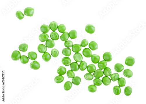Top view of  fresh green peas isolated on a white background. Fresh corn of green peas.