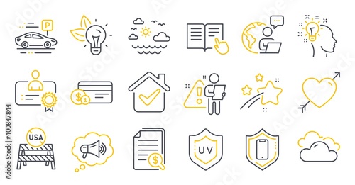 Set of Business icons, such as Smartphone protection, Payment method, Travel sea symbols. Eco energy, Love, Car parking signs. Megaphone, Idea, Certificate. Usa close borders line icons. Vector