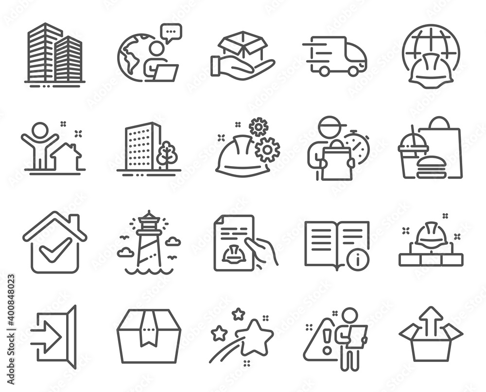 Industrial icons set. Included icon as Exit, Construction bricks ...