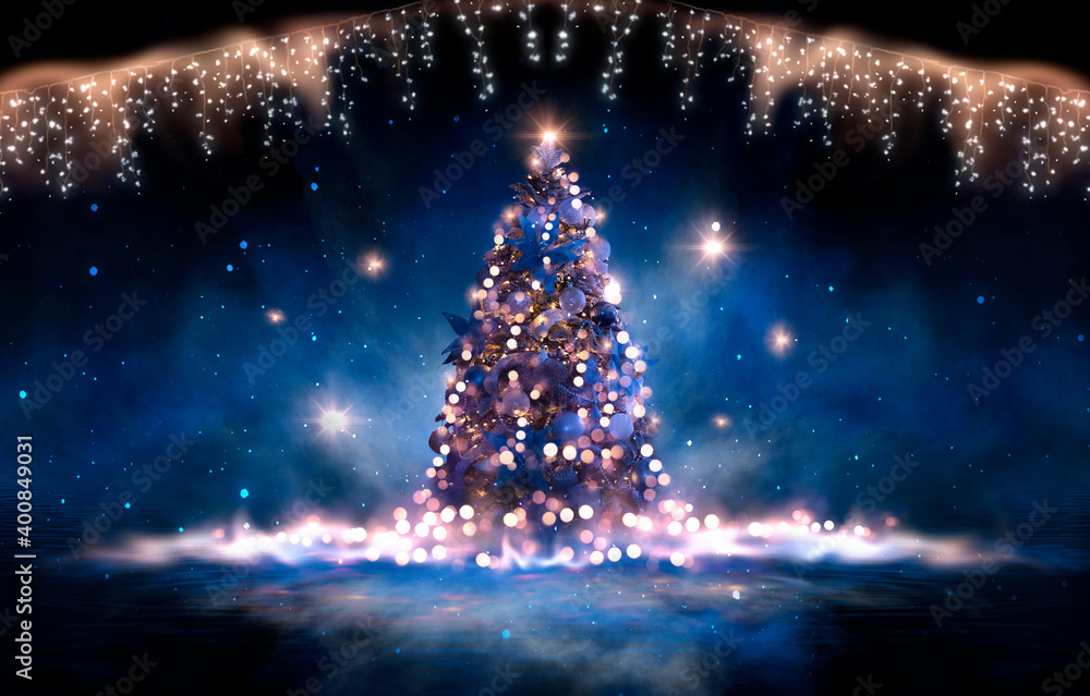 Night winter forest fantasy landscape with a Christmas decorated tree. Festive bokeh lights, dark forest, neon lights. Decorated Christmas tree in the night forest. Background for postcards. 3D Night winter forest fantasy landscape with a Christmas decorated tree. Festive bokeh lights, dark forest, neon lights. Decorated Christmas tree in the night forest. Background for postcards. 3D