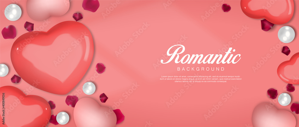 Realistic valentines day. Romantic Premium Vector background with red hearts, pearls and petals. Flatlay