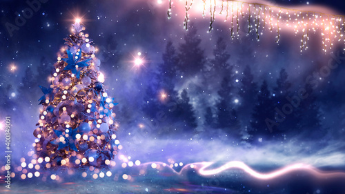 Night winter forest fantasy landscape with a Christmas decorated tree. Festive bokeh lights, dark forest, neon lights. Decorated Christmas tree in the night forest. Background for postcards. 3D 