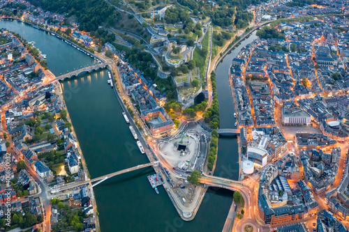 Belgium, Namur Province, Namur, Aerial view of confluence of Sambre and Meuse rivers in middle of city