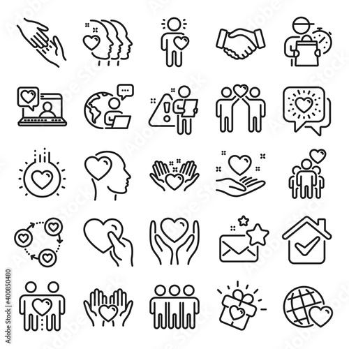 Friendship and love line icons. Interaction, Mutual understanding and assistance business. Trust handshake, social responsibility, mutual love icons. Trust friends, partnership. Line icon set. Vector