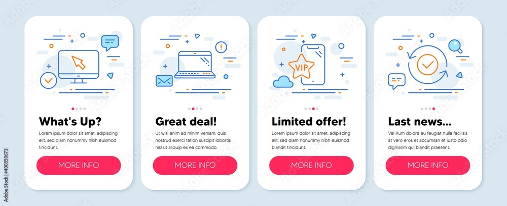 Set of Technology icons, such as Internet, Laptop, Vip phone symbols. Mobile app mockup banners. Security confirmed line icons. Monitor with cursor, Computer, Exclusive privilege. Vector