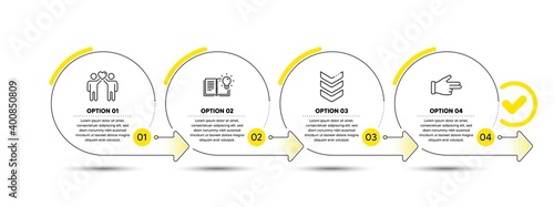 Product knowledge, Friends couple and Shoulder strap line icons set. Timeline process infograph. Click hand sign. Education process, Friendship, Army rank. Direction finger. Business set. Vector