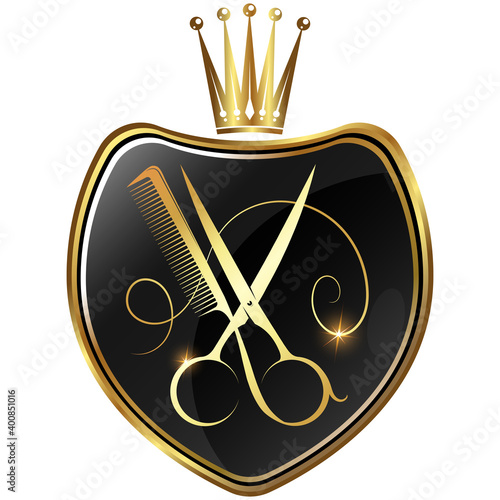 Gold scissors and a crown on the shield. Symbol for beauty salon and hairdresser vip