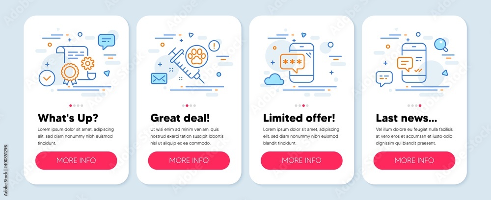 Set of Business icons, such as Construction document, Phone password, Dog vaccination symbols. Mobile screen app banners. Smartphone notification line icons. Vector