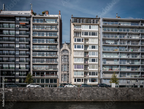 Belgium, Liege Province, Liege, Apartment buildings along city canal