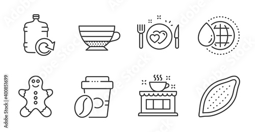 Cappuccino, Coffee shop and Romantic dinner line icons set. World water, Takeaway coffee and Gingerbread man signs. Cocoa nut, Refill water symbols. Tea house, Love food, Aqua drop. Vector