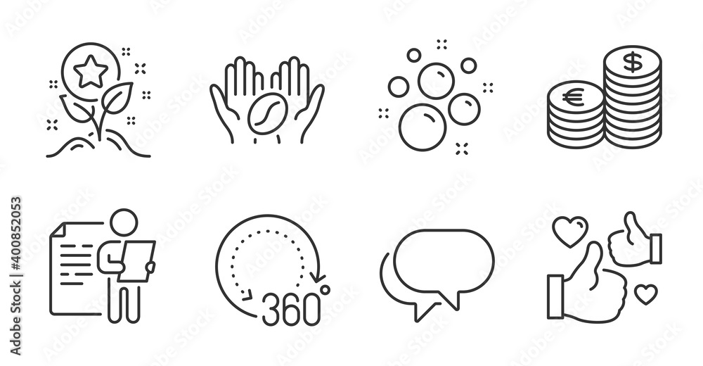 360 degrees, Coffee and Job interview line icons set. Loyalty points, Currency and Clean bubbles signs. Talk bubble, Like symbols. Panoramic view, Roasted bean, Cv file. Quality line icons. Vector