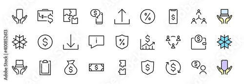 Set of business vector line icons. It contains user symbols, dollar pictograms, gears, briefcase, puzzles, envelope, percentage, messages, schedule, and more. Editable Bar 480x480 pixels.