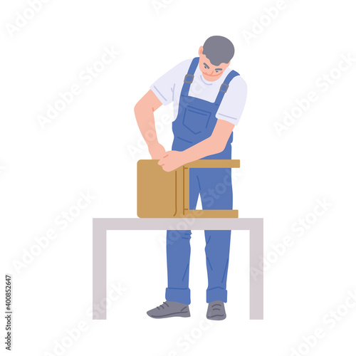 Furniture maker assembles or repairs wooden stool a vector illustration.