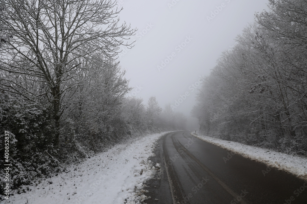 Dangerous stretch of road on a foggy winter morning Dangerous stretch of road on a foggy winter morning