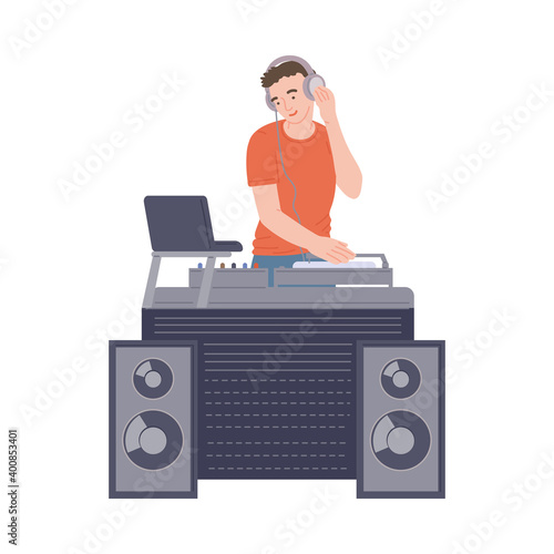 Guy dj mixing music for internet or streaming of radio live a vector illustration