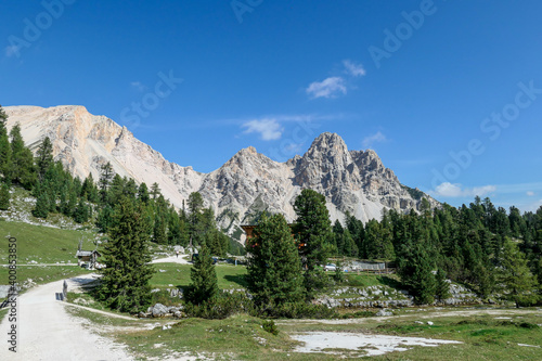 A gravelled road leading through the bottom of a valley in Italian Dolomites towards high peaks. Dense forest on the sides. Lush green meadow on the side. In the back there are high mountain chains