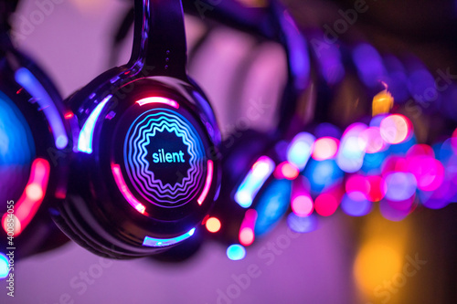 Colorful Silent Disco Headphones ready to be used at an event photo