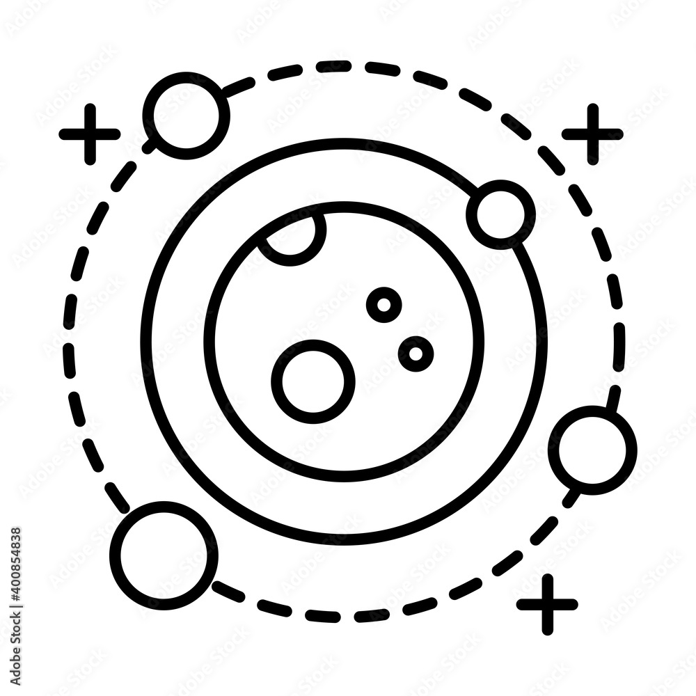 planet with four satellites orbiting around line style icon vector illustration design
