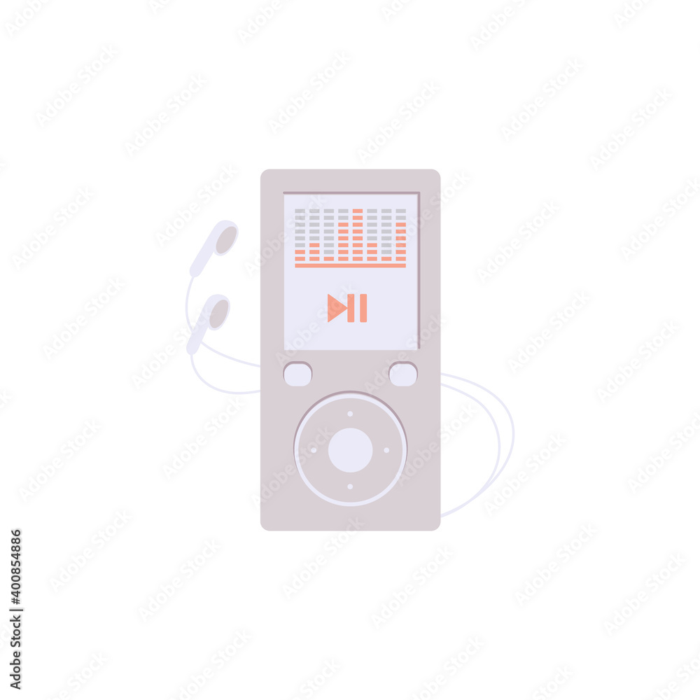 Icon of mp 3 player with wired headphones flat vector illustration isolated. Icon of mp 3 player with wired headphones flat vector illustration isolated.