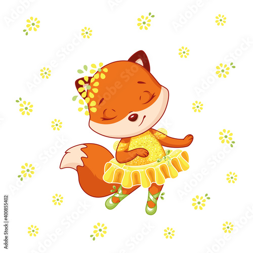 Little fox ballerina dancing. Cartoon vector illustration
