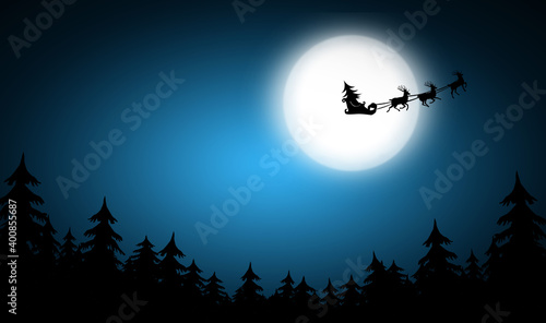 Magic Christmas eve. Reindeers pulling Santa's sleigh in sky on full moon night